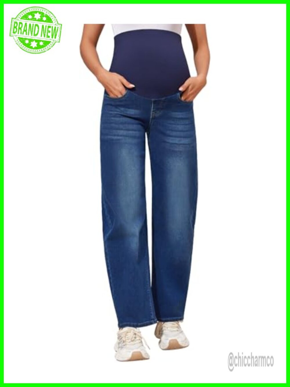 Maternity Over Belly Barrel Jeans Wide Leg Pregnancy Denim Pants Stretchy